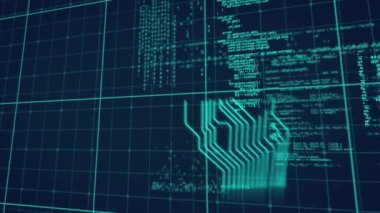 Bilgisayar devresi ve ızgara üzerinden dijital veri işleme animasyonu. küresel çevrimiçi hesaplama ve veri işleme kavramı dijital olarak oluşturulmuş video.
