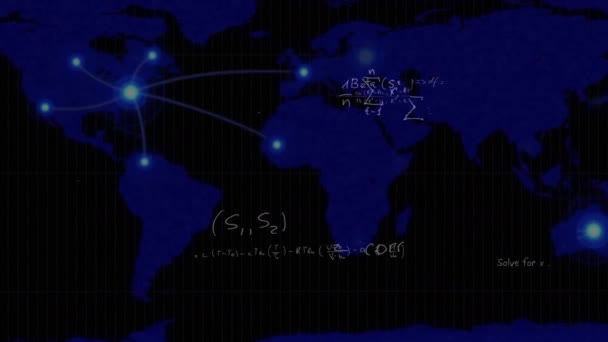 Animación Fórmulas Matemáticas Sobre Mapa Mundial Concepto Global Investigación Científica — Vídeo de stock