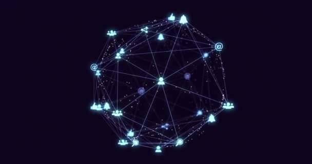 暗い背景にアイコンとの接続のネットワークのアニメーション 世界規模の接続 ビジネス デジタルインターフェース テクノロジー ネットワーキングの概念デジタルで生成されたビデオ — ストック動画