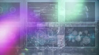 Ekranlarda veri işleme animasyonu. küresel bağlantılar, iş dünyası, dijital arayüz, teknoloji ve ağ konsepti dijital olarak oluşturulmuş video.