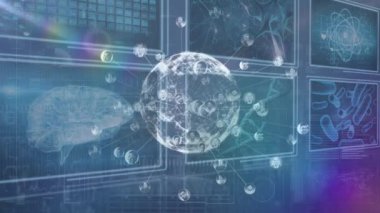 Karanlık arka plandaki ekranlarda veri işleme animasyonu. küresel bağlantılar, iş dünyası, dijital arayüz, teknoloji ve ağ konsepti dijital olarak oluşturulmuş video.