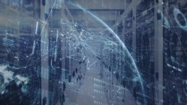 Sunucu odasındaki bağlantı ve dünya ağının animasyonu. küresel bağlantılar, veri işleme ve dijital arayüz konsepti dijital olarak oluşturulmuş video.