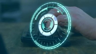 Bilgisayar kullanan beyaz adamın elleri üzerinde çember işleme animasyonu. ağ, bağlantılar, iş ve dijital olarak üretilen video teknolojisi konseptiyle çalışma.