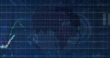 Dönen dünyada finansal verilerin ve grafiklerin animasyonu. küresel finans, ekonomi, iş ve dijital arayüz kavramı dijital olarak oluşturulmuş video.