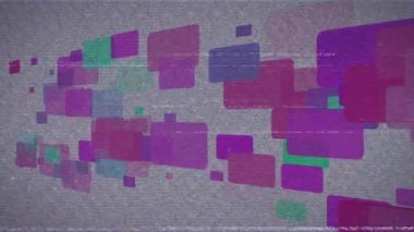 Pembe, mor ve mavi dikdörtgenlerle arkaplanda arıza olan ekran animasyonu. dijital arayüz, teknoloji ve iletişim konsepti dijital olarak oluşturulmuş video.