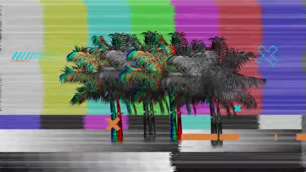 グリッチ付きテレビ画面上の多様な形状やヤシの木のアニメーション デジタルインターフェース技術通信概念デジタル生成されたビデオ — ストック動画