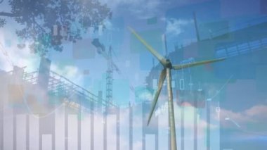 Hareket eden rüzgar türbininin üzerindeki grafiklerin ve inşaat alanının animasyonu. çevre, sürdürülebilirlik, yenilenebilir enerji, iş ve teknoloji konsepti dijital olarak oluşturulmuş video.