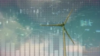 Hareket eden rüzgar türbini üzerinde grafikler, veri ve yol trafiği animasyonu. çevre, sürdürülebilirlik, yenilenebilir enerji, iş ve teknoloji konsepti dijital olarak oluşturulmuş video.