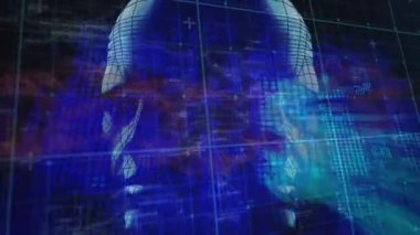 Veri işleme ve şebeke üzerinde insan kafası animasyonu. küresel bilim, bilgisayar ve veri işleme kavramı dijital olarak oluşturulmuş video.