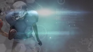 Çeşitli erkek Amerikan futbolcuları üzerinde çeşitli verilerin animasyonu. global spor, bağlantılar ve teknoloji konsepti dijital olarak oluşturulmuş video.