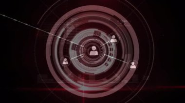 Kırmızı işleme çemberlerinin üzerindeki simgelerle bağlantı ağının animasyonu. küresel bağlantılar, veri işleme ve teknoloji konsepti dijital olarak oluşturulmuş video.