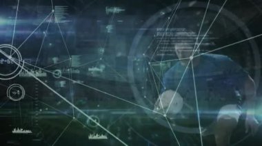 Kafkas erkek ragbi oyuncusu üzerinden çeşitli veri ve bağlantı ağının animasyonu. global spor, bağlantılar ve teknoloji konsepti dijital olarak oluşturulmuş video.