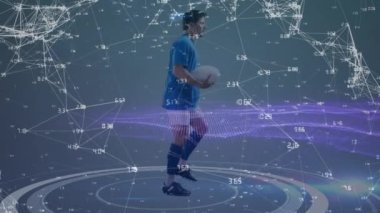 Kafkas erkek ragbi oyuncusu üzerinden çeşitli veri ve bağlantı ağının animasyonu. global spor, bağlantılar ve teknoloji konsepti dijital olarak oluşturulmuş video.