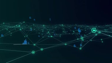 Siyah arka planda bağlantı ağının ve veri işleme ağının animasyonu. küresel iş, finans, bağlantılar ve dijital arayüz konsepti dijital olarak oluşturulmuş video.