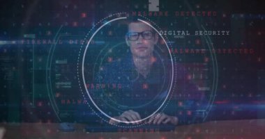 Animation of scope scanning and virus cell over caucasian man using computer. global business, finances, connections and digital interface concept digitally generated video.