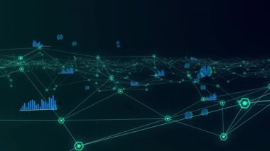 Siyah arka planda bağlantı ağının ve veri işleme ağının animasyonu. küresel iş, finans, bağlantılar ve dijital arayüz konsepti dijital olarak oluşturulmuş video.