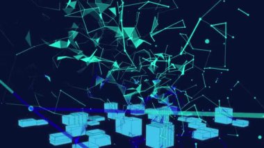 Siyah arkaplan üzerinde bağlantı ve şekil ağının animasyonu. küresel iş, finans, bağlantılar ve dijital arayüz konsepti dijital olarak oluşturulmuş video.
