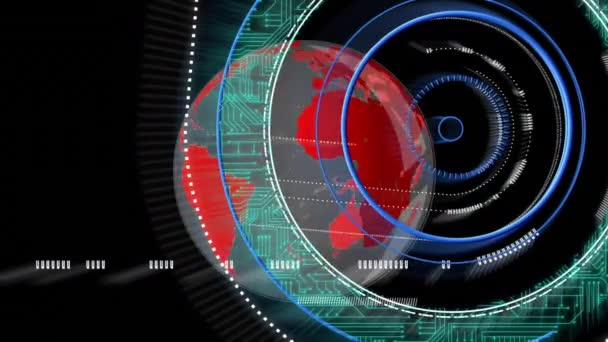 Animering Processcirkel Med Integrerad Krets Över Roterande Jordglob Anslutningar Databehandling — Stockvideo