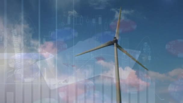 Animação Gráficos Dados Sobre Mesa Cassino Nuvens Turbinas Eólicas Conceito — Vídeo de Stock