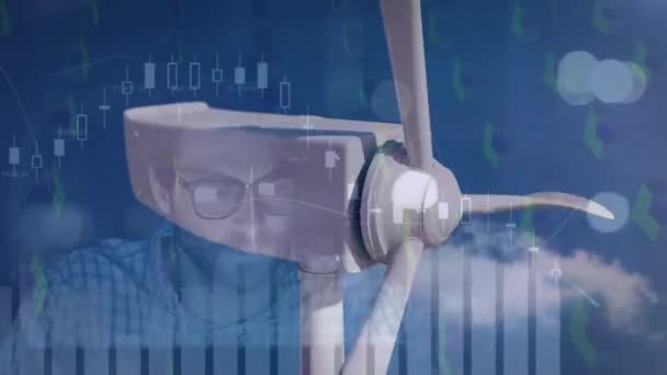 Animation Graphs Shapes Moving Wind Turbine Caucasian Man Working Office — Vídeos de Stock