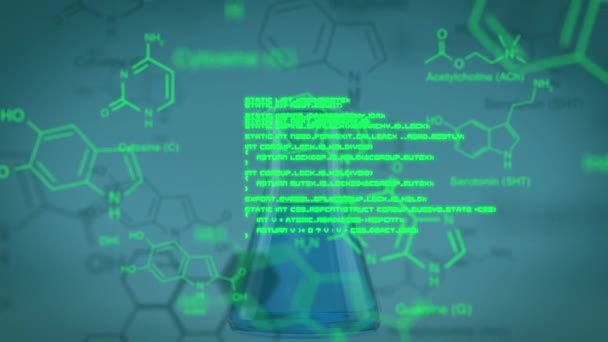 Animación Procesamiento Datos Fórmulas Químicas Sobre Botella Con Líquido Ciencia — Vídeo de stock