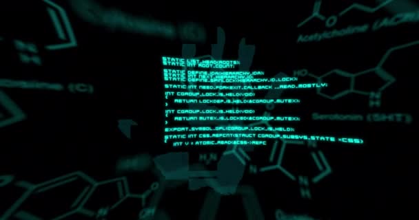 Animering Kemiska Formler Och Databehandling Över Fingeravtryck Svart Bakgrund Digital — Stockvideo