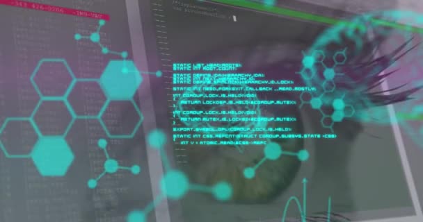 Animering Kemiska Formler Och Databehandling Över Hjärna Och Kvinnas Öga — Stockvideo