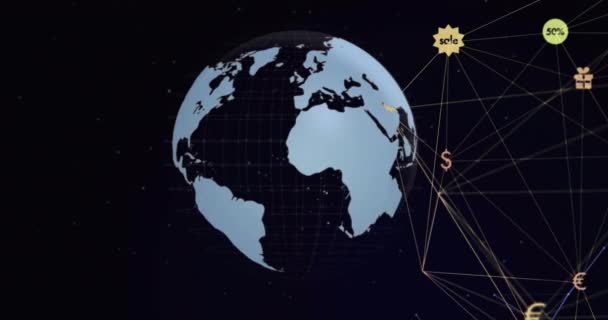 Animacja Sieci Połączeń Ikonami Zakupów Obracającym Się Globie Globalne Połączenia — Wideo stockowe