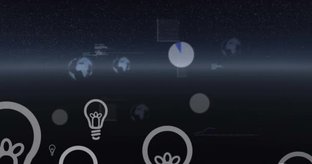 Animation Von Glühbirnen Grafiken Und Datenverarbeitung Die Schwarzen Raum Schweben — Stockvideo