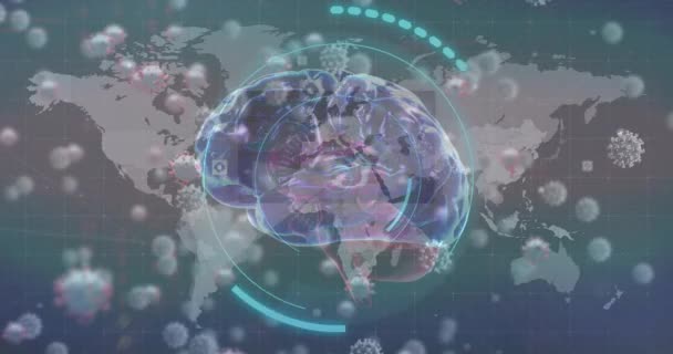 Animacja Skanowania Zakresu Pomocą Tekstu Komórek Wirusa Nad Mózgiem Globalny — Wideo stockowe