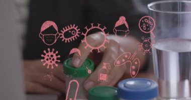 Kafkasyalı bir kadının hap içmesi üzerine salgın ikonlarının canlandırılması. küresel iş, finans, bağlantılar ve dijital arayüz konsepti dijital olarak oluşturulmuş video.