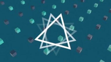 Mavi arkaplan üzerinde üçgen ve üç boyutlu şekillerin animasyonu. Bilim ve veri işleme kavramı dijital olarak oluşturulmuş video.