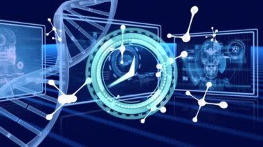 Mavi arkaplan üzerinde dönen DNA ipliği ve veri işleme animasyonu. Bilim ve veri işleme kavramı dijital olarak oluşturulmuş video.