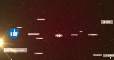 Kahverengi arkaplan üzerinde başparmaklar ve sosyal medya metinleri ve simgelerinin animasyonu. küresel sosyal medya, iletişim ve dijital arayüz kavramı dijital olarak oluşturulmuş video.