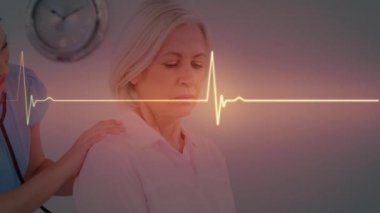 Çeşitli doktor ve hasta geçmişinde kardiyogramın animasyonu. küresel tıp ve sağlık konsepti dijital olarak üretilen video.