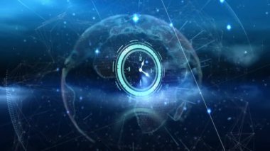 Karanlık arka planda dünya çapında bağlantılar ve saatin animasyonu. küresel bağlantı ve veri işleme kavramı dijital olarak oluşturulmuş video.
