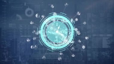 Bağlantılar ağının animasyonu ve karanlık arkaplan üzerindeki saat. küresel bağlantı ve veri işleme kavramı dijital olarak oluşturulmuş video.