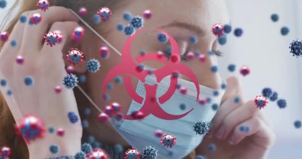 Animering Virusceller Och Symbol För Biorisker Över Kaukasiska Kvinnor Med — Stockvideo