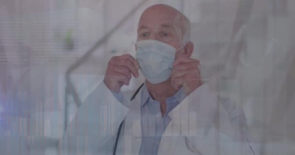 Animation Data Processing Caucasian Male Doctor Face Mask Global Medicine — Vídeos de Stock