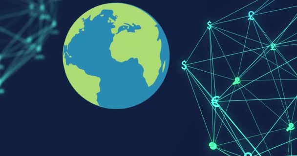 Animering Media Ikoner Och Glob Blå Bakgrund Globalt Affärs Och — Stockvideo