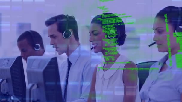 Animation Data Processing Diverse Business People Wearing Phone Headsets Global — Stock Video