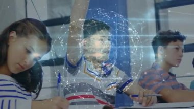 Okulda farklı öğrencilerin öğrenmesi üzerine bağlantıların ve dünyanın animasyonu. lise eğitimi, bağlantılar ve dijital olarak oluşturulmuş öğrenme konsepti.