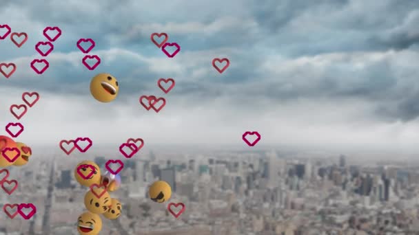 Szív Emoji Ikonok Animációja Városkép Felett Közösségi Média Kommunikációs Interfész — Stock videók