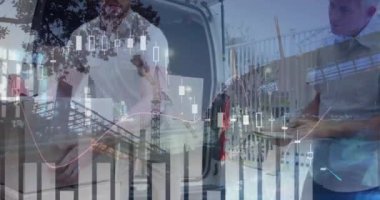 Beyaz erkek kurye ve depo çalışanı üzerine finansal verilerin animasyonu. iş, finans ve dağıtım hizmetleri kavramı dijital olarak oluşturulmuş video hizmetleri.