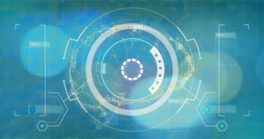 Mavi arkaplanda tarama ve veri işleme animasyonu. küresel iş ve dijital arayüz kavramı dijital olarak oluşturulmuş video.