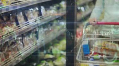 Marketten alışveriş yapan mutlu beyaz kadın için finansal verilerin animasyonu. ev bütçesi, finans, ekonomi, alışveriş ve dijital olarak üretilen video konsepti.