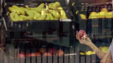 Pazardan alışveriş yapan, elma toplayan mutlu beyaz kadın üzerine finansal verilerin animasyonu. ev bütçesi, finans, ekonomi, alışveriş ve dijital olarak üretilen video konsepti.