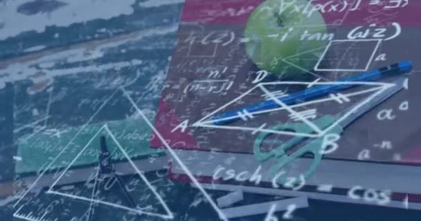 Анімація Математичних Рівнянь Обробка Даних Над Книгами Концепція Глобального Бізнесу — стокове відео