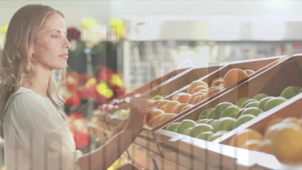 Animation Financial Data Happy Caucasian Woman Shopping Market Picking Orange — стоковое видео