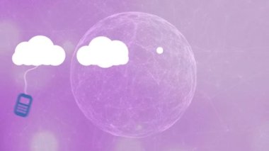 Mor arka planda dünya üzerinde teknolojili bulutların animasyonu. bulut hesaplama, teknoloji ve dijital arayüz konsepti dijital olarak oluşturulmuş video.